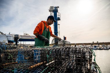 Alvor, Portekiz - 28 Ekim 2021 Balıkçı yerel limandaki ahtapot tuzaklarının içine yengeç koydu