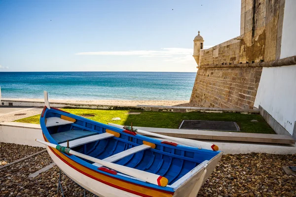 Wooden Traditional Boat Saint James Fortress Beach Sesimbra Lisbon Metropolitan — Foto Stock