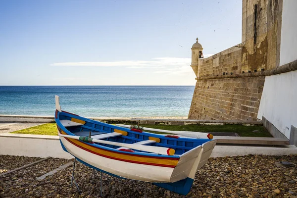 Wooden Traditional Boat Saint James Fortress Beach Sesimbra Lisbon Metropolitan — Foto Stock