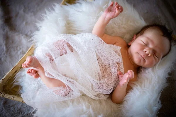 Leuke Pasgeboren Baby Jongen Slapen Mand Pluizige Deken — Stockfoto