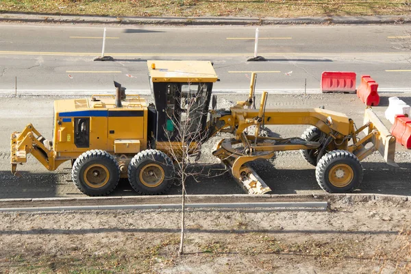 Road Grader Machine Two Blade Modern Motor Tractor Preparing Ground — Stock Photo, Image