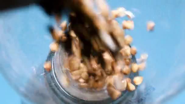 Fresh Green Raw Buckwheat Grains Pouring Linen Storage Bag Buckwheat — Stockvideo