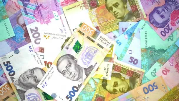 Ukrainian Hryvnia Money Spinning Table Many Hryvnia Currency Banknotes Various — Αρχείο Βίντεο