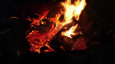 Ormanın arka planındaki parlak bir yangında ahşap odun yanar. Bir adam barbekü için özel bir yelpazeyle renkli bir ateş yakıyor. Etten Şiş kebap pişirmek için demir ızgara. Doğada barbekü