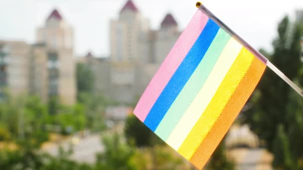 Flag Lgbtq Set Blue Sky City Street Rainbow Stripes Colorful — Stock Video