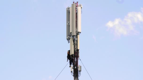 Opravář Elektroniky Opravuje Mobilní Komunikační Anténu Buněčná Věž Mezi Modrými — Stock video