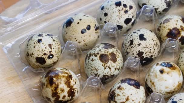 Quail Eggs Package Table Slow Motion Spotted Quail Eggs Transparent — Stockvideo