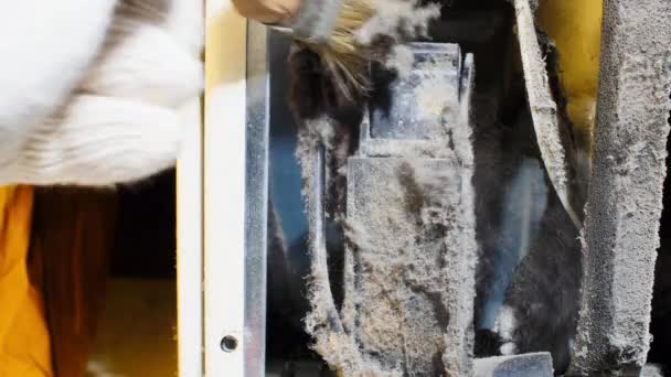 Electrician Sweeps Dust Mechanical Equipment Electrician Cleans Very Dusty Electric — Stock video