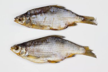 Beyaz arka planda kurutulmuş balık. Büyük kurumuş deniz hamamböceği. Volga Nehri 'nden tuzlu vobla. Açık hava, güneş ve rüzgar kullanarak Avrupa hamamböceklerini kurutuyor. İzole edilmiş. Nehir balıkları uzun vadeli depolama için hazırlandı. Yakın plan.