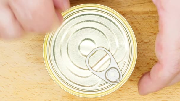 Chef Opens Jar Red Caviar Man Hand Opens Tin Can — стоковое видео