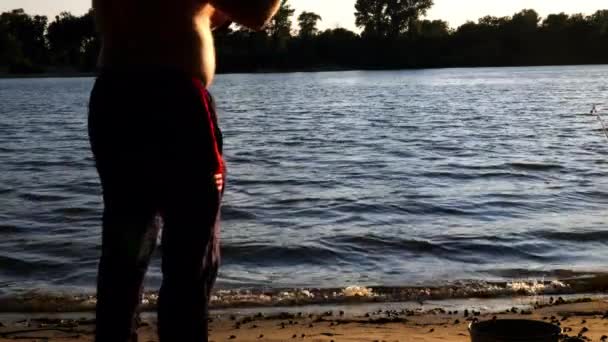 Fisherman Loser Angler Throws His Rod River Fishing Line Breaks — Video Stock