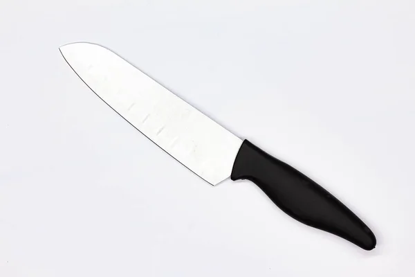 Kitchen Knife Meat White Background Chef Butchers Knife Cutting Meat — Fotografia de Stock