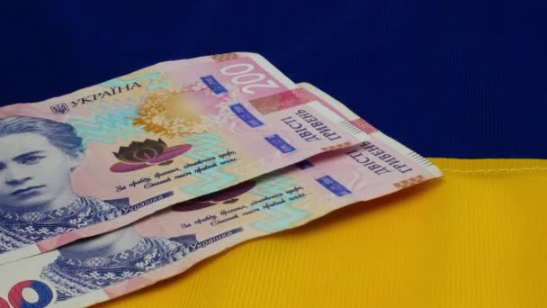 Recalculation Money Hands Count Banknotes Ukrainian Hryvnia Background Ukrainian Flag — стоковое видео