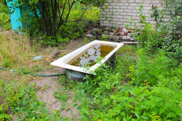 Bath with dirty water in the garden. Ecology and nature pollution concept. Ecological catastrophe. Bathtub with rusty water in green grass next to a brick house and a wooden toilet in the countryside