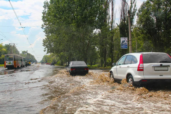 Flood Road Cars Water Heavy Rain Downpour Flooded City Streets Лицензионные Стоковые Фото