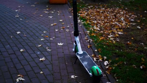 大人用電動スクーターは 曇りの日に街の通りや自転車を背景に歩道に立っています 長距離移動の準備 — ストック動画