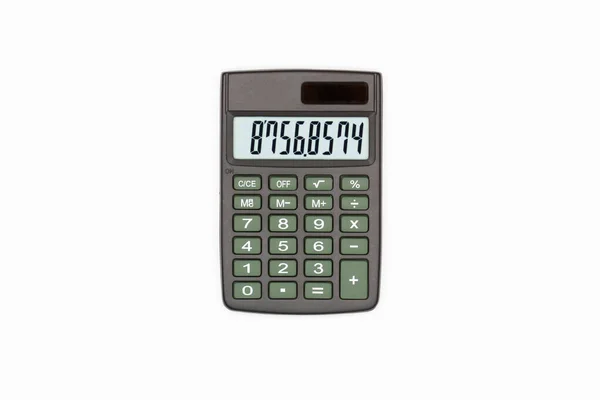 具有褐色按钮的计算器 数字屏幕上的数字在白色背景上 孤立无援太阳能金融计算器 数学的电子计算机 商务办公用品 — 图库照片