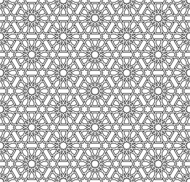 Geleneksel İslami sanata dayalı kusursuz geometrik süsleme. Siyah renkli hatlar. Kumaş, tekstil, kapak, ambalaj kağıdı, arka plan için harika tasarım..
