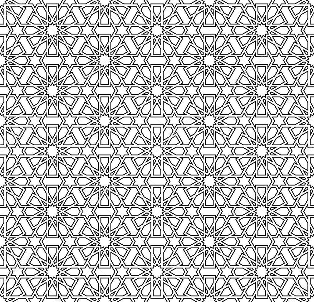 Seamless geometric ornament based on traditional islamic art.Black color contoured lines.Great design for fabric,textile,cover,wrapping paper,background.