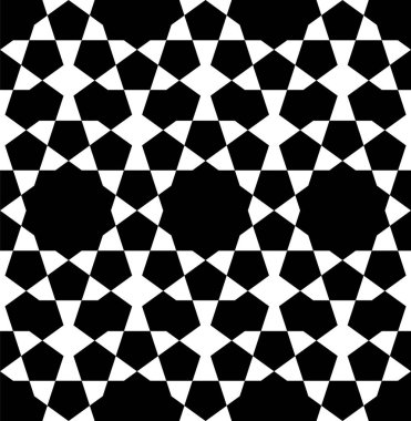 Geleneksel İslami sanata dayanan kusursuz geometrik süs. Siyah ve beyaz. Kumaş, tekstil, kapak, ambalaj kağıdı, arkaplan için harika tasarım.