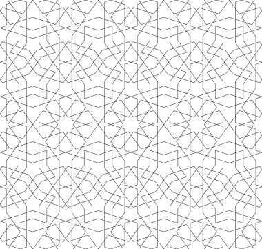Geleneksel İslami sanata dayalı kusursuz geometrik süsleme. Siyah renk çizgileri. Kumaş, tekstil, kapak, ambalaj kağıdı, arka plan için harika tasarım..