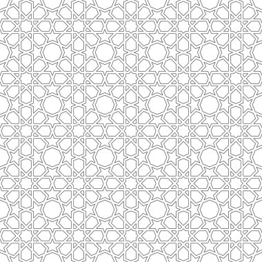 Geleneksel İslami sanata dayalı kusursuz geometrik süsleme. Siyah renkli hatlar. Kumaş, tekstil, kapak, ambalaj kağıdı, arka plan için harika tasarım..
