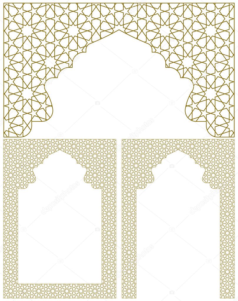 A set of three design elements. Two frames and an arch . Ornament in Arabic geometric style