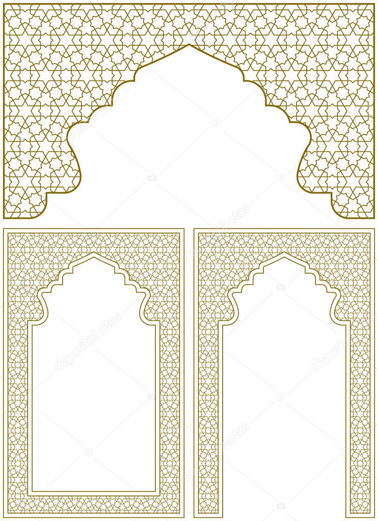 A set of three design elements. Two frames and an arch . Ornament in Arabic geometric style
