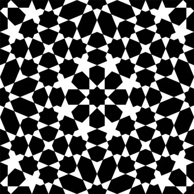 Geleneksel İslami süslemelere dayanan geometrik, pürüzsüz desen. Siyah ve beyaz.