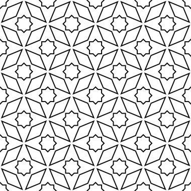 Geleneksel İslami sanat eserine dayanan kusursuz geometrik süsleme. Siyah renkli çizgiler. Kumaş, tekstil, kapak, ambalaj kağıdı, arka plan için harika tasarım..