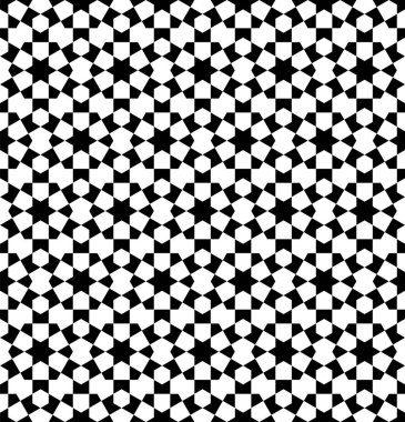 Geleneksel İslami sanata dayanan kusursuz geometrik süs. Siyah ve beyaz. Kumaş, tekstil, kapak, ambalaj kağıdı, arkaplan için harika tasarım.