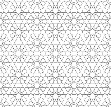 Geleneksel İslami sanata dayalı kusursuz geometrik süsleme. Siyah renk çizgileri. Kumaş, tekstil, kapak, ambalaj kağıdı, arka plan için harika tasarım..