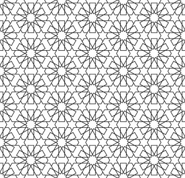 Geleneksel İslami sanata dayalı kusursuz geometrik süsleme. Siyah renk çizgileri. Kumaş, tekstil, kapak, ambalaj kağıdı, arka plan için harika tasarım..