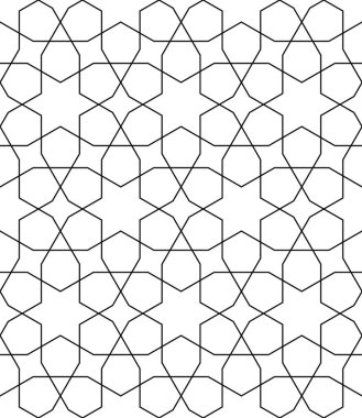 Geleneksel İslami sanata dayanan kusursuz geometrik süs. Siyah çizgiler. Kumaş, tekstil, kapak, ambalaj kağıdı, arka plan, lazer kesimi için harika tasarım..