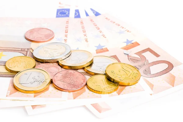 Geld Euromünzen und Banknoten — Stockfoto