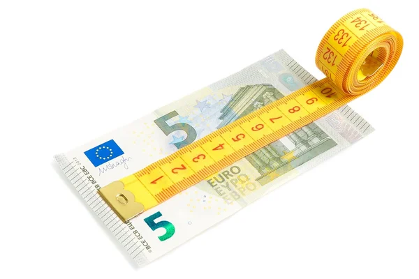 Measuring tape on new five euro banknote — Stock Photo, Image