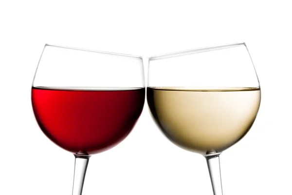 Cheers, two glasses of red wine and white wine — Stock Photo, Image
