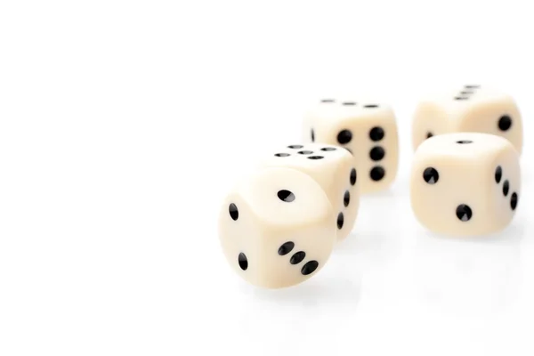 White dice on white table with space for text — Stock Photo, Image