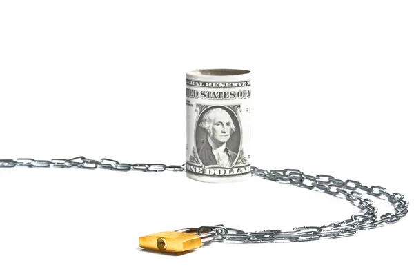 Dollar banknote rolled near lock security fallen and chain — Stock Photo, Image