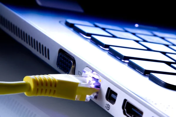 Içinde belgili tanımlık laptop takılı ağ kablosu — Stok fotoğraf