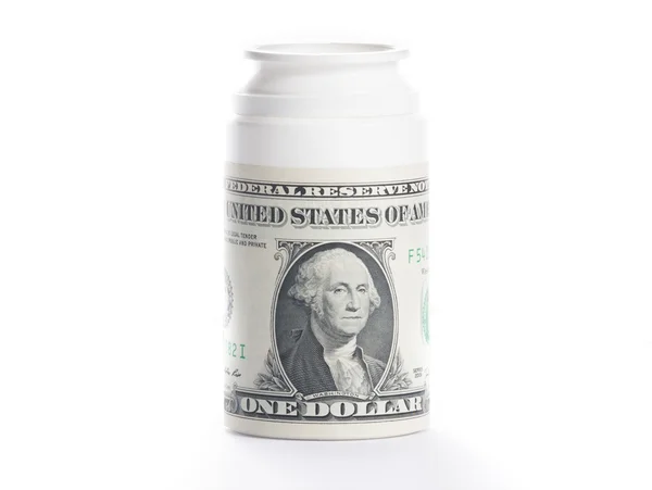 Dollar on pills container, cost of medical health care — Stock Photo, Image