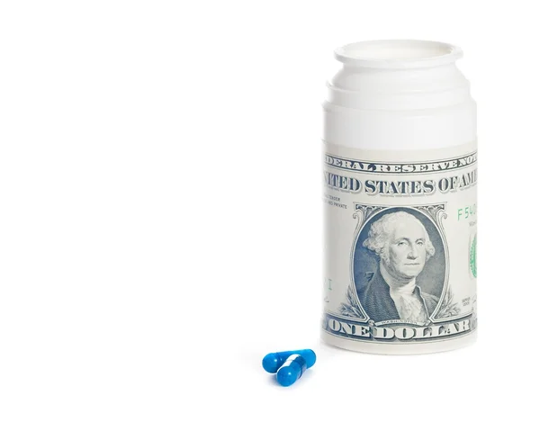 Pills near dollar on pills container, cost of medical health care — Stock Photo, Image