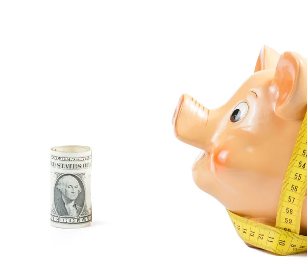 Sparschwein und Maßband in der Nähe von Dollar, Konzept für Unternehmen und Geld sparen — Stockfoto