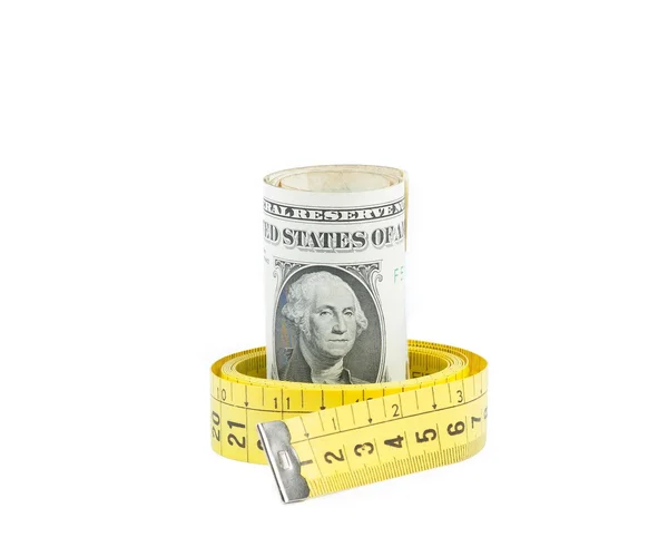 Rolled up dollars inside measure tape on white background, concept for business and save money — Stock Photo, Image