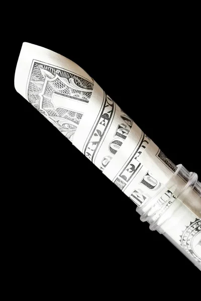 Dollar-Schein im graduierten Reagenzglas, die Kosten für die medizinische Gesundheit — Stockfoto