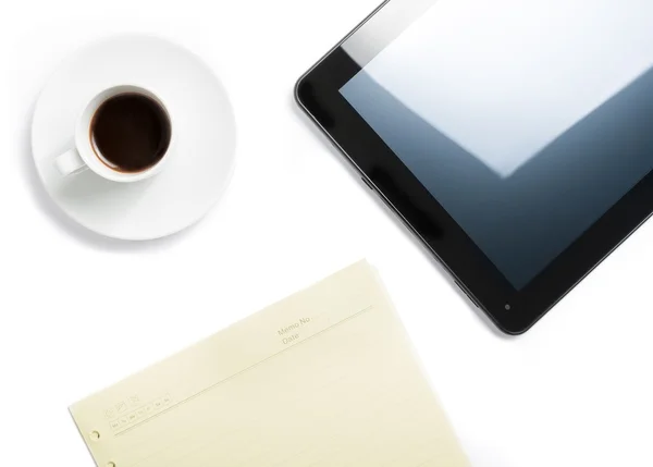 Top of view of cup of coffee and tablet near notes, concept of new technology — Stock Photo, Image