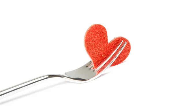 Restaurant series, decorative red heart near one fork — Stock Photo, Image