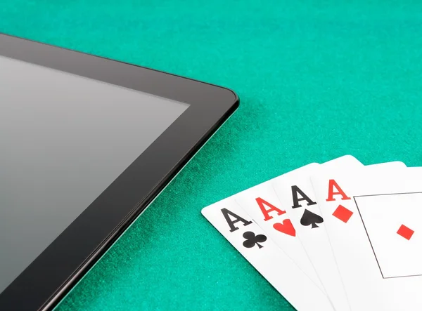 Poker cards near digital tablet pc concept of poker online — Stock Photo, Image