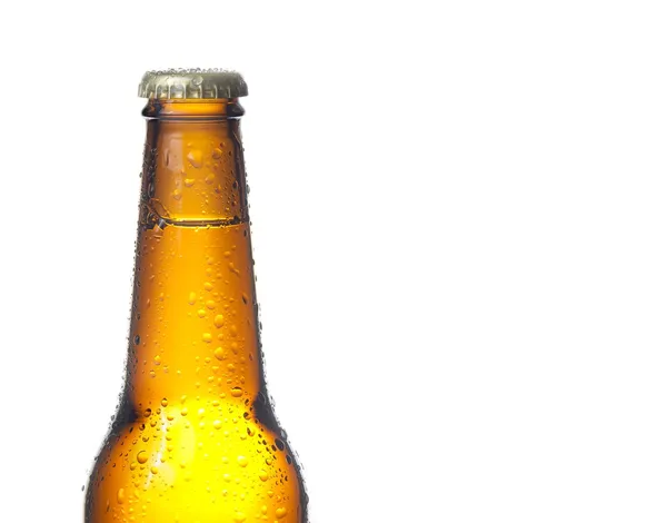 Bottle of fresh beer with drops, isolated with space for text — Stock Photo, Image