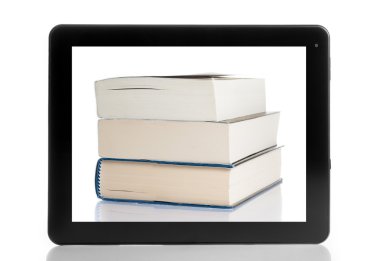 kitap ve beyaz arka plan üzerinde izole tablet bilgisayar